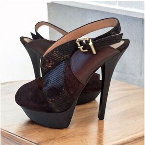 FENDI Brown Suede Leather Platform Slingback Heels Size 37 / US 7